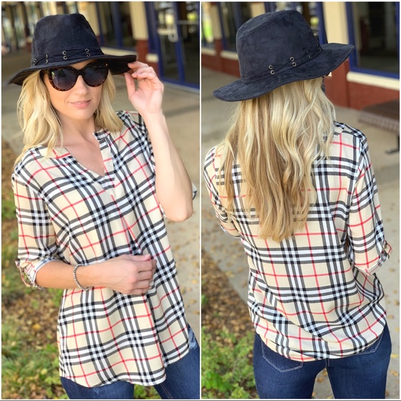 ✨LAST ONE✨Taupe plaid pleat Front roll tan sleeve - Picture 4 of 4